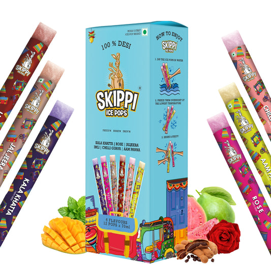 All Desi Flavour Box of Skippi Ice Pops, Kala Khatta, Rose, Jaljeera, Imli, Chilli Guava, Aam Panna ( 2 Qty of 6 Indian flavours, 12 Ice pops X 70ml each)