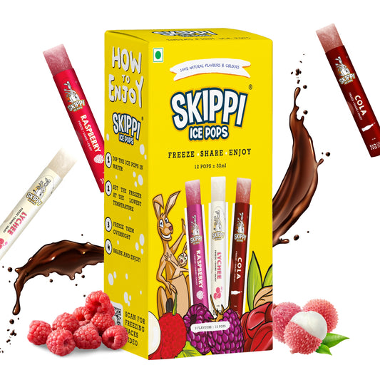 Yellow box of Cola, Lychee, Raspberry Flavor small pack of 12 Skippi Natural Ice Pops of 32 ml 4 sets of 3 flavors